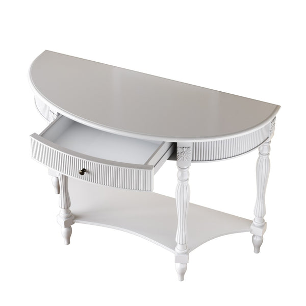 English Elm Solid Wood Half Moon Entryway Console Fluted Drawer Roman Column Carved Legs Foyer White W1445P513088