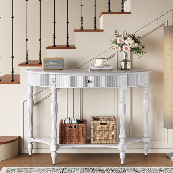 English Elm Solid Wood Half Moon Entryway Console Fluted Drawer Roman Column Carved Legs Foyer White W1445P513088