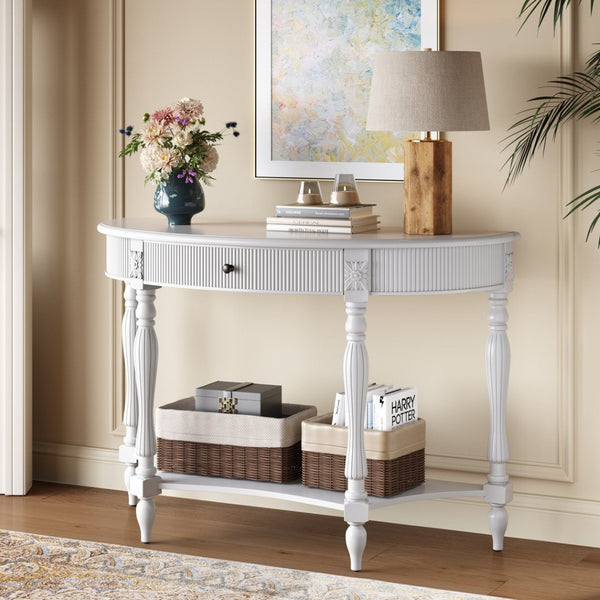 English Elm Solid Wood Half Moon Entryway Console Fluted Drawer Roman Column Carved Legs Foyer White W1445P513088
