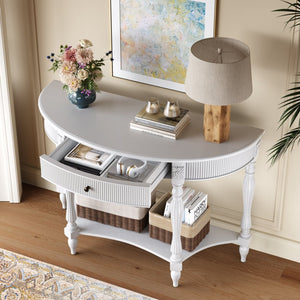English Elm Solid Wood Half Moon Entryway Console Fluted Drawer Roman Column Carved Legs Foyer White W1445P513088