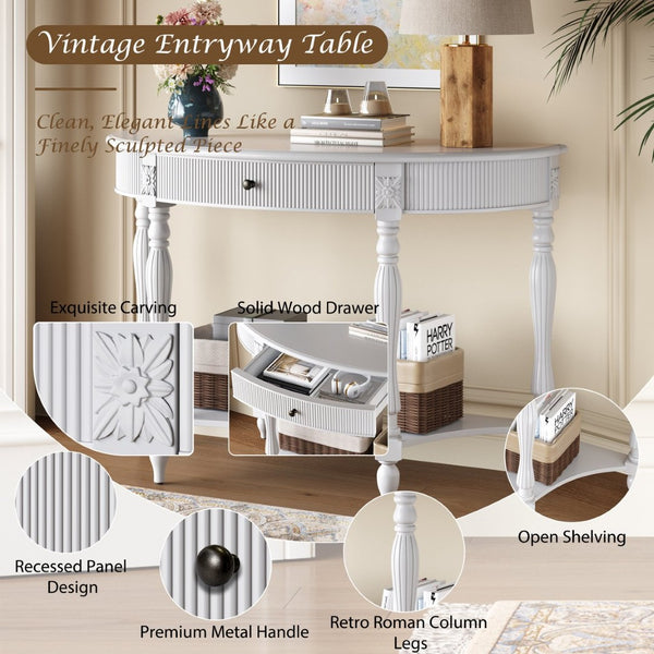 English Elm Solid Wood Half Moon Entryway Console Fluted Drawer Roman Column Carved Legs Foyer White W1445P513088