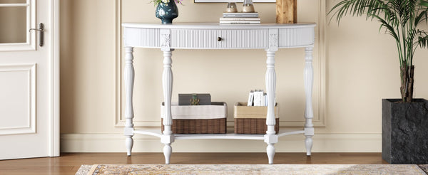 English Elm Solid Wood Half Moon Entryway Console Fluted Drawer Roman Column Carved Legs Foyer White W1445P513088