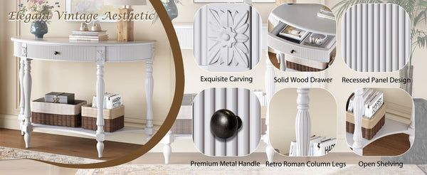 English Elm Solid Wood Half Moon Entryway Console Fluted Drawer Roman Column Carved Legs Foyer White W1445P513088