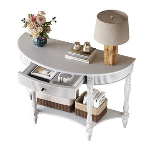 English Elm Solid Wood Half Moon Entryway Console Fluted Drawer Roman Column Carved Legs Foyer White W1445P513088