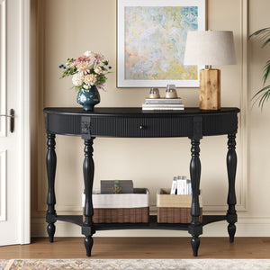 English Elm Solid Wood Half Moon Entryway Console Fluted Drawer Roman Column Carved Legs Foyer Black W1445P513089