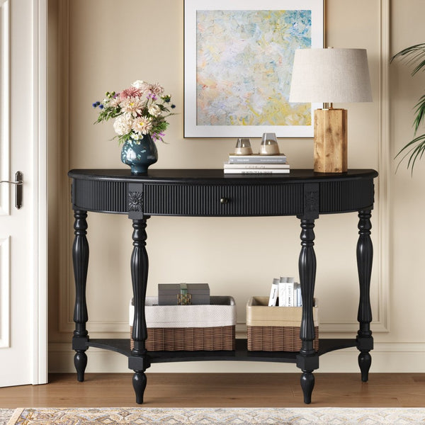 English Elm Solid Wood Half Moon Entryway Console Fluted Drawer Roman Column Carved Legs Foyer Black W1445P513089