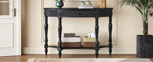 English Elm Solid Wood Half Moon Entryway Console Fluted Drawer Roman Column Carved Legs Foyer Black W1445P513089