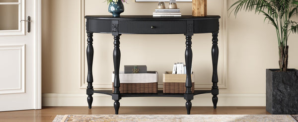 English Elm Solid Wood Half Moon Entryway Console Fluted Drawer Roman Column Carved Legs Foyer Black W1445P513089