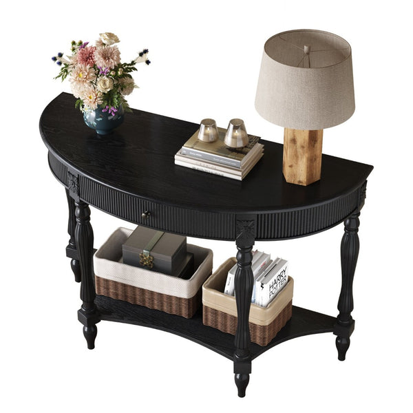 English Elm Solid Wood Half Moon Entryway Console Fluted Drawer Roman Column Carved Legs Foyer Black W1445P513089