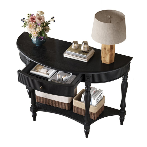 English Elm Solid Wood Half Moon Entryway Console Fluted Drawer Roman Column Carved Legs Foyer Black W1445P513089