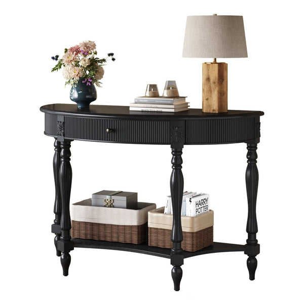 English Elm Solid Wood Half Moon Entryway Console Fluted Drawer Roman Column Carved Legs Foyer Black W1445P513089