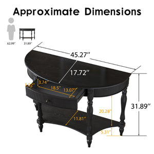 English Elm Solid Wood Half Moon Entryway Console Fluted Drawer Roman Column Carved Legs Foyer Black W1445P513089