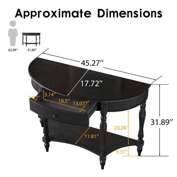English Elm Solid Wood Half Moon Entryway Console Fluted Drawer Roman Column Carved Legs Foyer Black W1445P513089