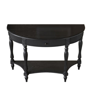 English Elm Solid Wood Half Moon Entryway Console Fluted Drawer Roman Column Carved Legs Foyer Black W1445P513089