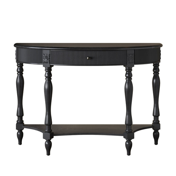 English Elm Solid Wood Half Moon Entryway Console Fluted Drawer Roman Column Carved Legs Foyer Black W1445P513089