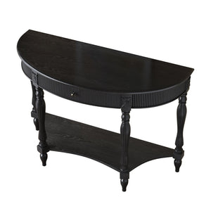 English Elm Solid Wood Half Moon Entryway Console Fluted Drawer Roman Column Carved Legs Foyer Black W1445P513089