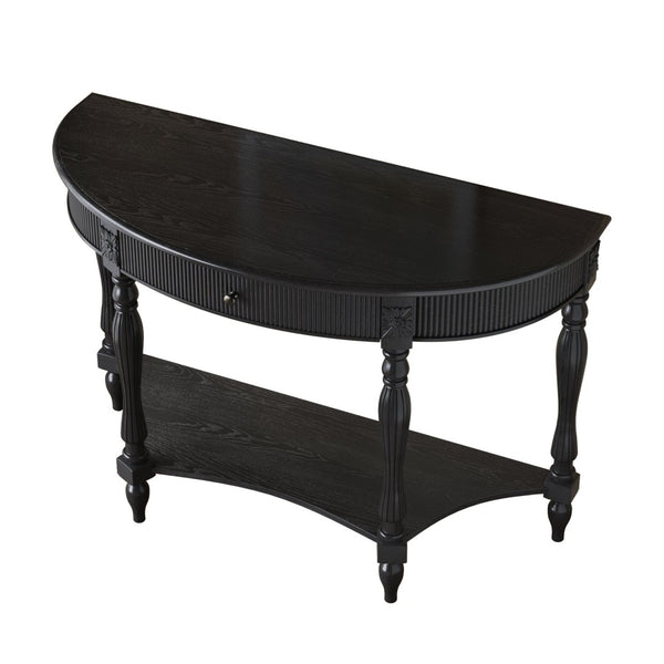 English Elm Solid Wood Half Moon Entryway Console Fluted Drawer Roman Column Carved Legs Foyer Black W1445P513089