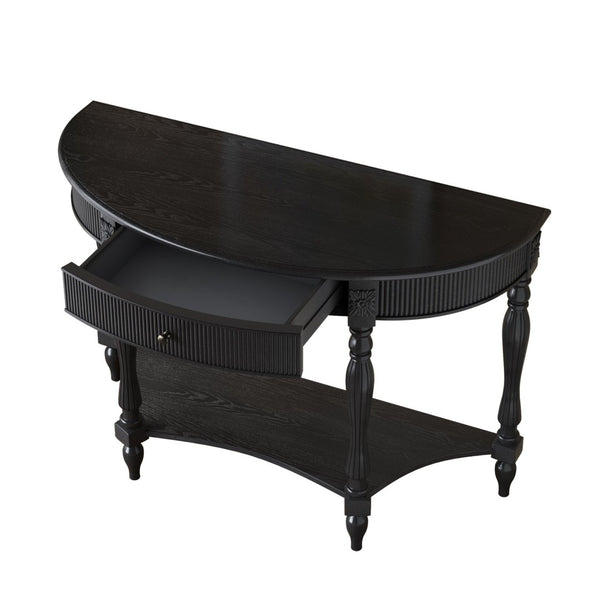 English Elm Solid Wood Half Moon Entryway Console Fluted Drawer Roman Column Carved Legs Foyer Black W1445P513089