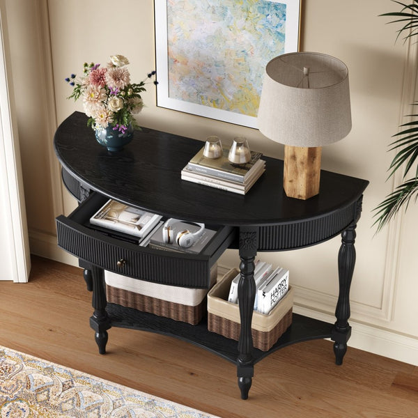 English Elm Solid Wood Half Moon Entryway Console Fluted Drawer Roman Column Carved Legs Foyer Black W1445P513089