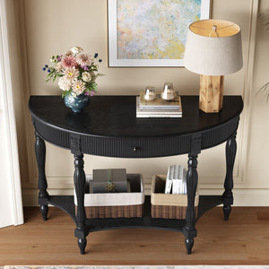 English Elm Solid Wood Half Moon Entryway Console Fluted Drawer Roman Column Carved Legs Foyer Black W1445P513089