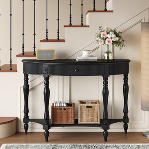 English Elm Solid Wood Half Moon Entryway Console Fluted Drawer Roman Column Carved Legs Foyer Black W1445P513089