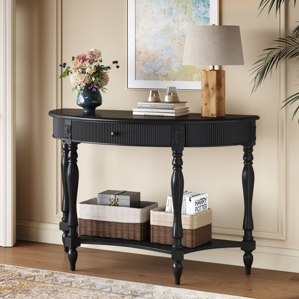 English Elm Solid Wood Half Moon Entryway Console Fluted Drawer Roman Column Carved Legs Foyer Black W1445P513089