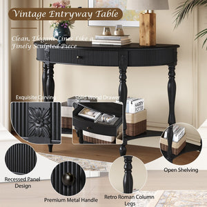 English Elm Solid Wood Half Moon Entryway Console Fluted Drawer Roman Column Carved Legs Foyer Black W1445P513089