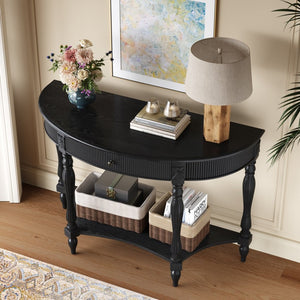 English Elm Solid Wood Half Moon Entryway Console Fluted Drawer Roman Column Carved Legs Foyer Black W1445P513089