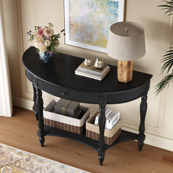 English Elm Solid Wood Half Moon Entryway Console Fluted Drawer Roman Column Carved Legs Foyer Black W1445P513089