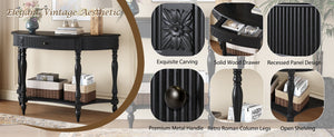English Elm Solid Wood Half Moon Entryway Console Fluted Drawer Roman Column Carved Legs Foyer Black W1445P513089