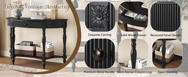 English Elm Solid Wood Half Moon Entryway Console Fluted Drawer Roman Column Carved Legs Foyer Black W1445P513089