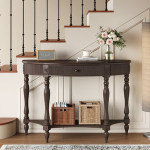 English Elm Solid Wood Half Moon Entryway Console Fluted Drawer Roman Column Carved Legs Foyer Deep Rustic Brown W1445P513090