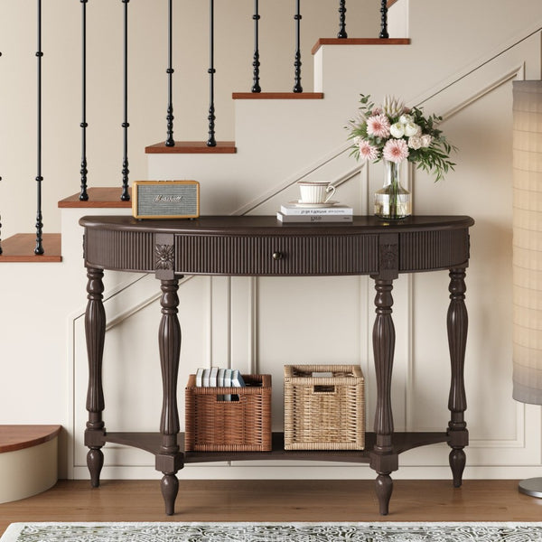 English Elm Solid Wood Half Moon Entryway Console Fluted Drawer Roman Column Carved Legs Foyer Deep Rustic Brown W1445P513090