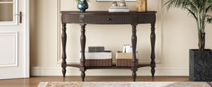 English Elm Solid Wood Half Moon Entryway Console Fluted Drawer Roman Column Carved Legs Foyer Deep Rustic Brown W1445P513090