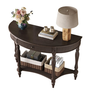 English Elm Solid Wood Half Moon Entryway Console Fluted Drawer Roman Column Carved Legs Foyer Deep Rustic Brown W1445P513090