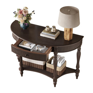 English Elm Solid Wood Half Moon Entryway Console Fluted Drawer Roman Column Carved Legs Foyer Deep Rustic Brown W1445P513090
