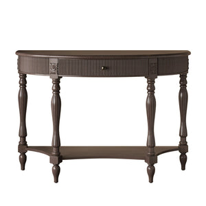 English Elm Solid Wood Half Moon Entryway Console Fluted Drawer Roman Column Carved Legs Foyer Deep Rustic Brown W1445P513090