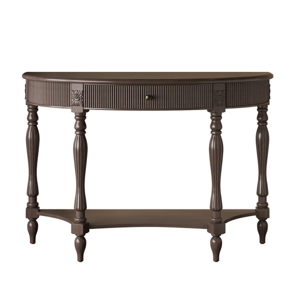 English Elm Solid Wood Half Moon Entryway Console Fluted Drawer Roman Column Carved Legs Foyer Deep Rustic Brown W1445P513090