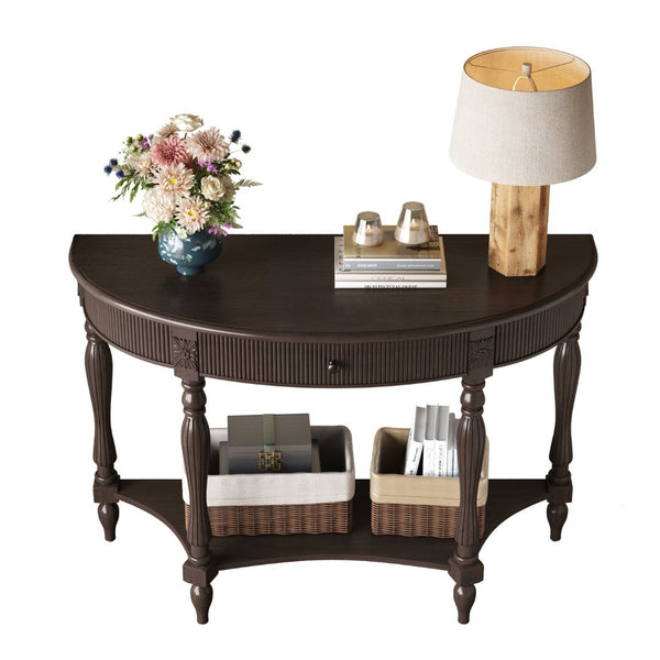 English Elm Solid Wood Half Moon Entryway Console Fluted Drawer Roman Column Carved Legs Foyer Deep Rustic Brown W1445P513090
