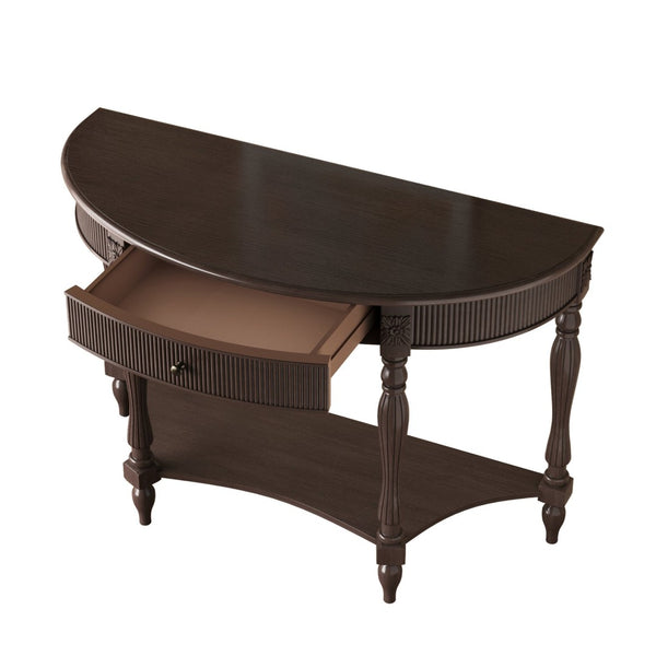 English Elm Solid Wood Half Moon Entryway Console Fluted Drawer Roman Column Carved Legs Foyer Deep Rustic Brown W1445P513090