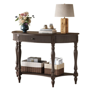 English Elm Solid Wood Half Moon Entryway Console Fluted Drawer Roman Column Carved Legs Foyer Deep Rustic Brown W1445P513090