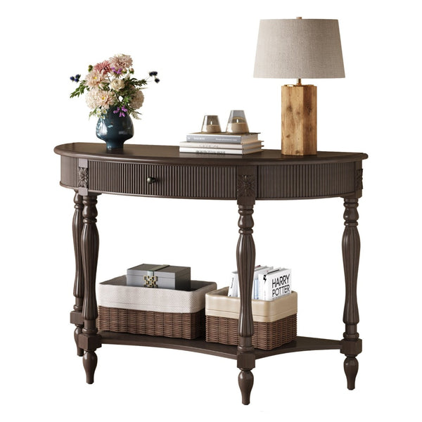English Elm Solid Wood Half Moon Entryway Console Fluted Drawer Roman Column Carved Legs Foyer Deep Rustic Brown W1445P513090