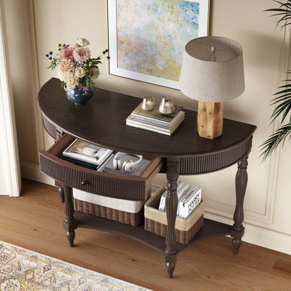 English Elm Solid Wood Half Moon Entryway Console Fluted Drawer Roman Column Carved Legs Foyer Deep Rustic Brown W1445P513090