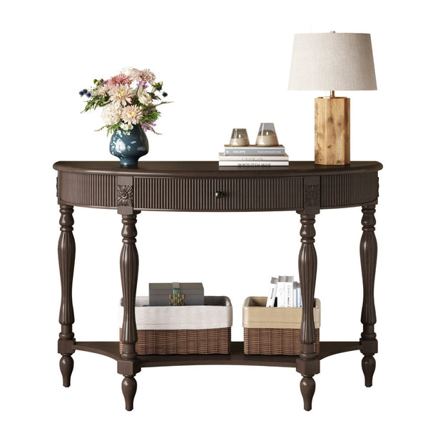 English Elm Solid Wood Half Moon Entryway Console Fluted Drawer Roman Column Carved Legs Foyer Deep Rustic Brown W1445P513090