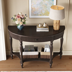 English Elm Solid Wood Half Moon Entryway Console Fluted Drawer Roman Column Carved Legs Foyer Deep Rustic Brown W1445P513090