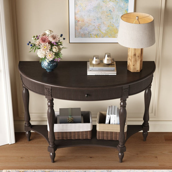 English Elm Solid Wood Half Moon Entryway Console Fluted Drawer Roman Column Carved Legs Foyer Deep Rustic Brown W1445P513090