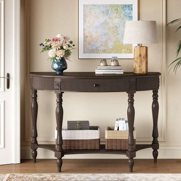 English Elm Solid Wood Half Moon Entryway Console Fluted Drawer Roman Column Carved Legs Foyer Deep Rustic Brown W1445P513090