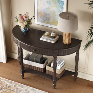 English Elm Solid Wood Half Moon Entryway Console Fluted Drawer Roman Column Carved Legs Foyer Deep Rustic Brown W1445P513090
