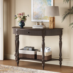 English Elm Solid Wood Half Moon Entryway Console Fluted Drawer Roman Column Carved Legs Foyer Deep Rustic Brown W1445P513090