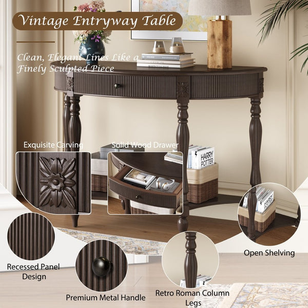 English Elm Solid Wood Half Moon Entryway Console Fluted Drawer Roman Column Carved Legs Foyer Deep Rustic Brown W1445P513090